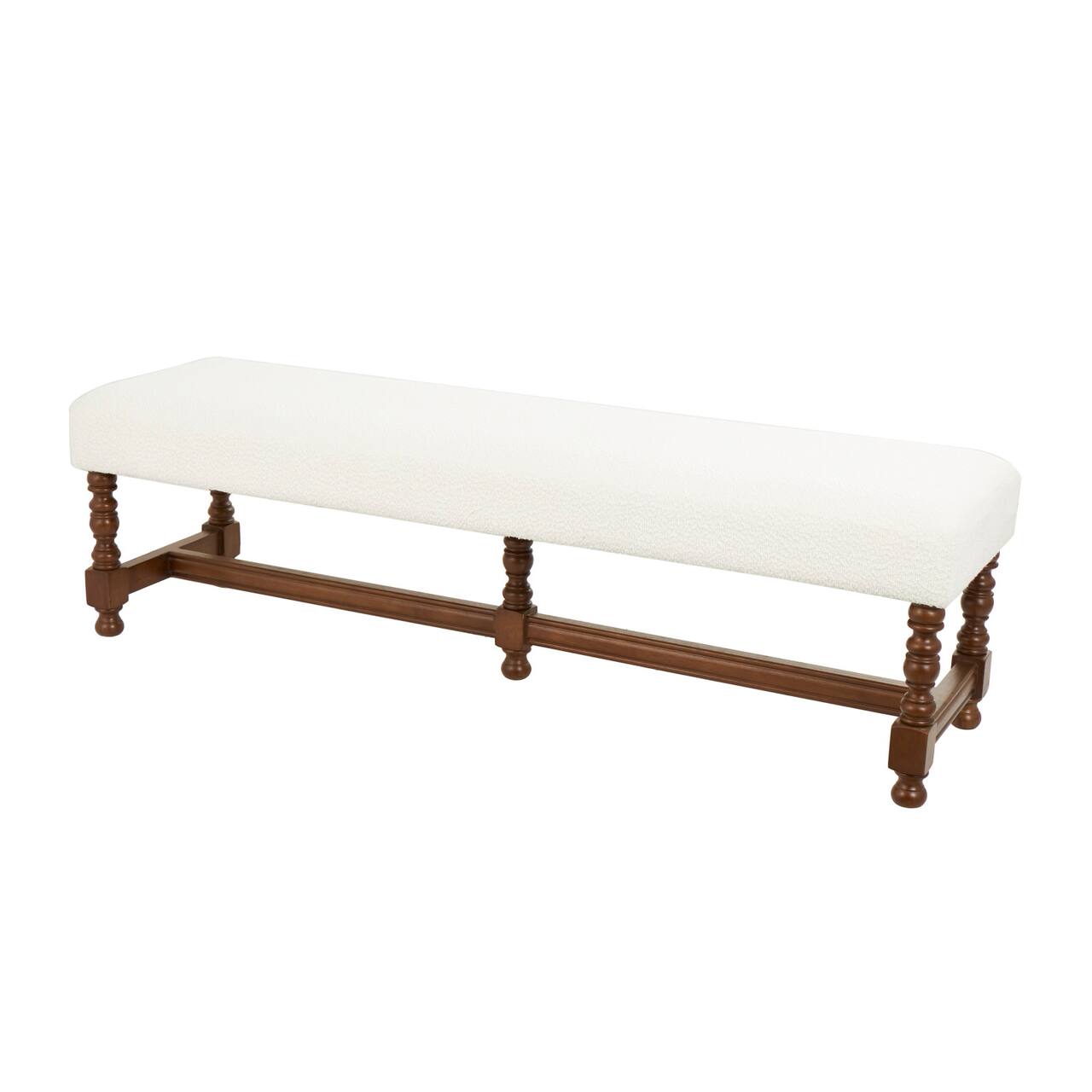 59" Cream Fabric Bench with Brown Traditional Wood Turned Legs